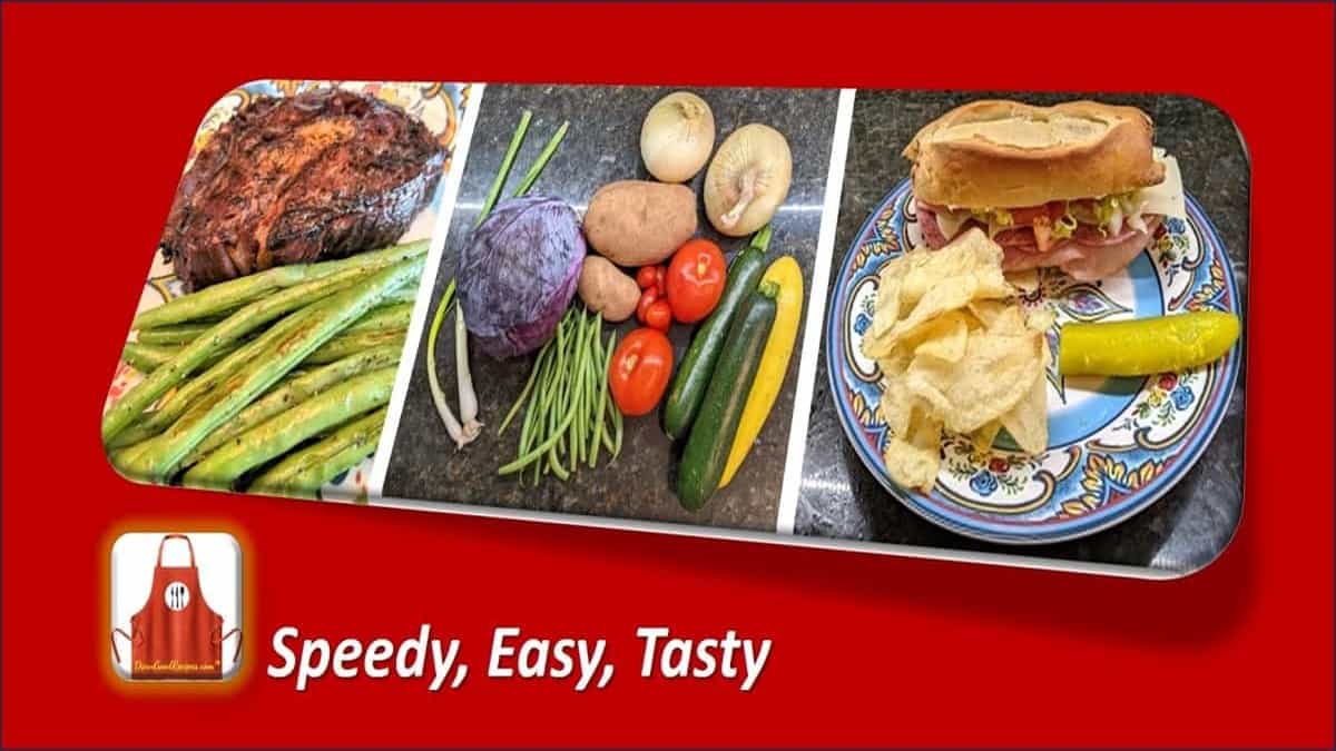 Darn Good Recipes hero image — speedy, easy, tasty home cooking with plated dishes and kitchen tools