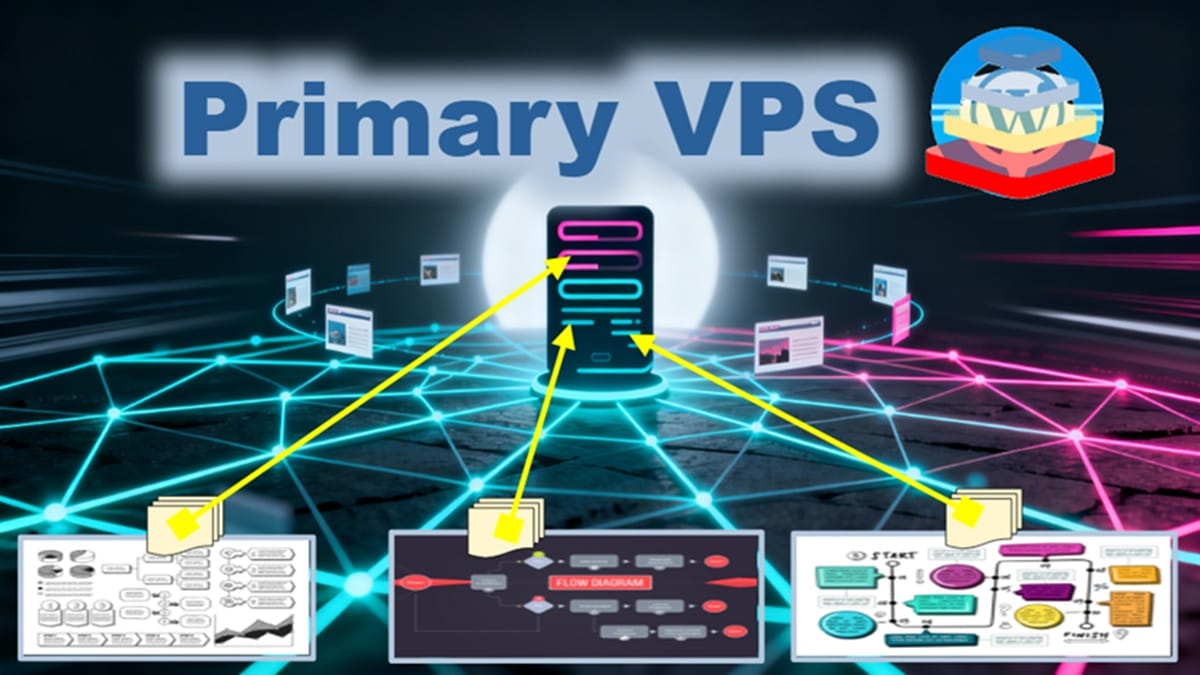 Primary VPS hero image — developer desk, server dashboard, and compact server illustrating self‑managed VPS hosting