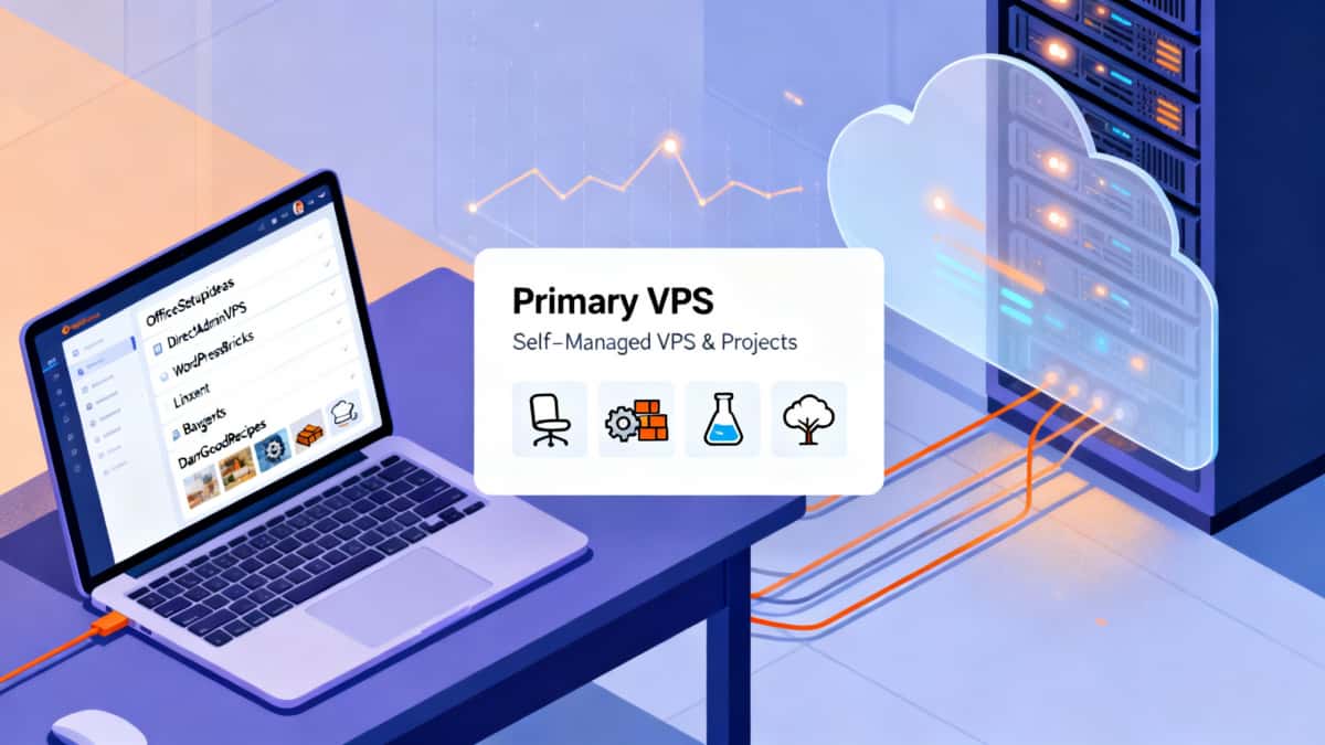Illustration of a clean workspace with a laptop showing project thumbnails and a semi‑transparent server rack with glowing ports; info card labeled "Primary VPS — Self‑Managed VPS & Projects".