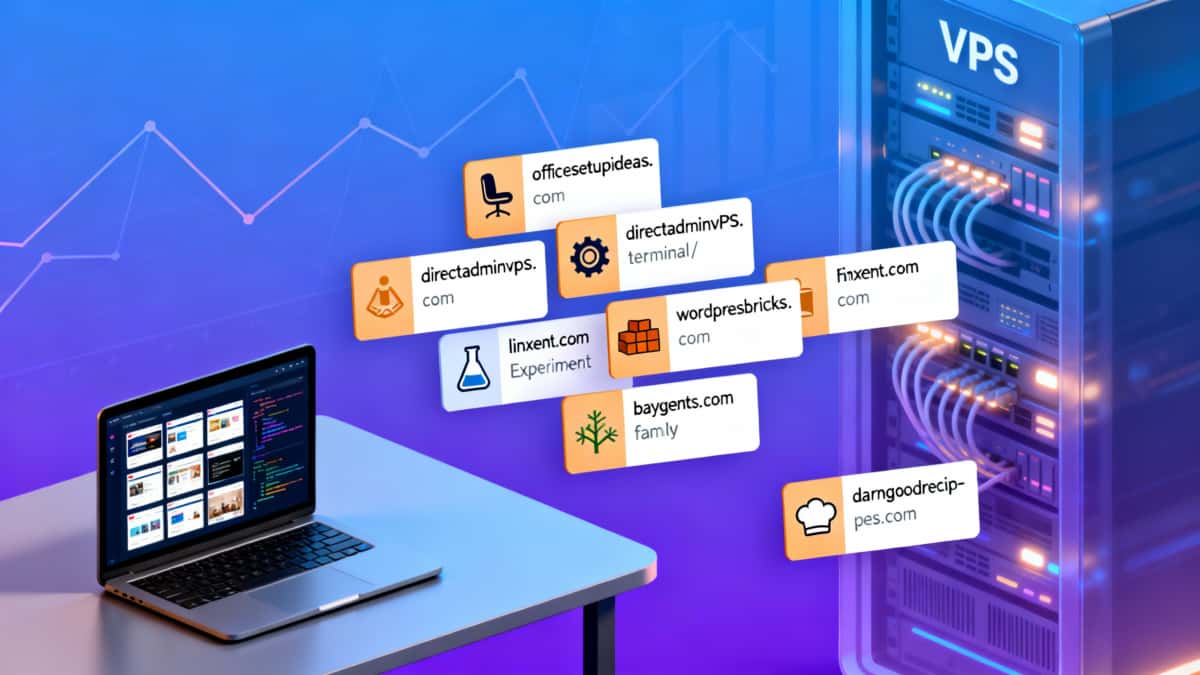 Hero image showing a modern desktop with a laptop displaying website thumbnails and code, and a semi-transparent VPS/server rack with glowing ports; floating domain cards for OfficesetupIdeas, DirectAdminVPS, WordPressBricks, Linxent, Baygents, and DarnGoodRecipes.